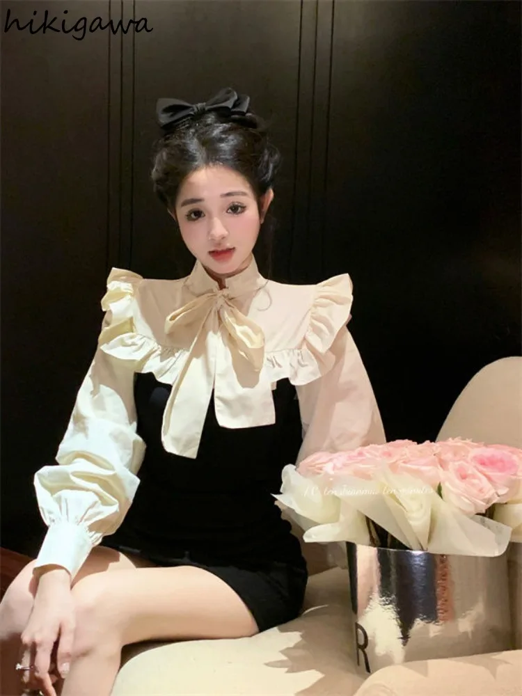 Temperament Women Shirts 2023 Blusas De Mujer Long Sleeve Contrast Color Blouses Bandage Bow Sweet Ruffles Vintage Blouse Tops