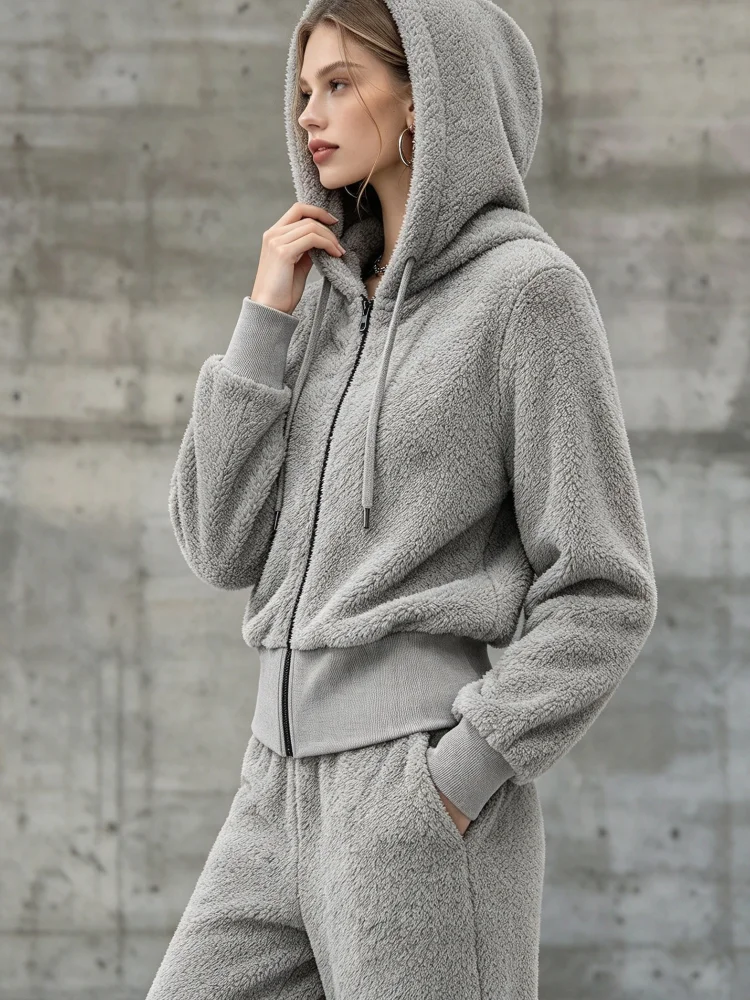 Women Two Piece Set Fuzzy Hood - Winter Clothing For Women ulasan dan harga