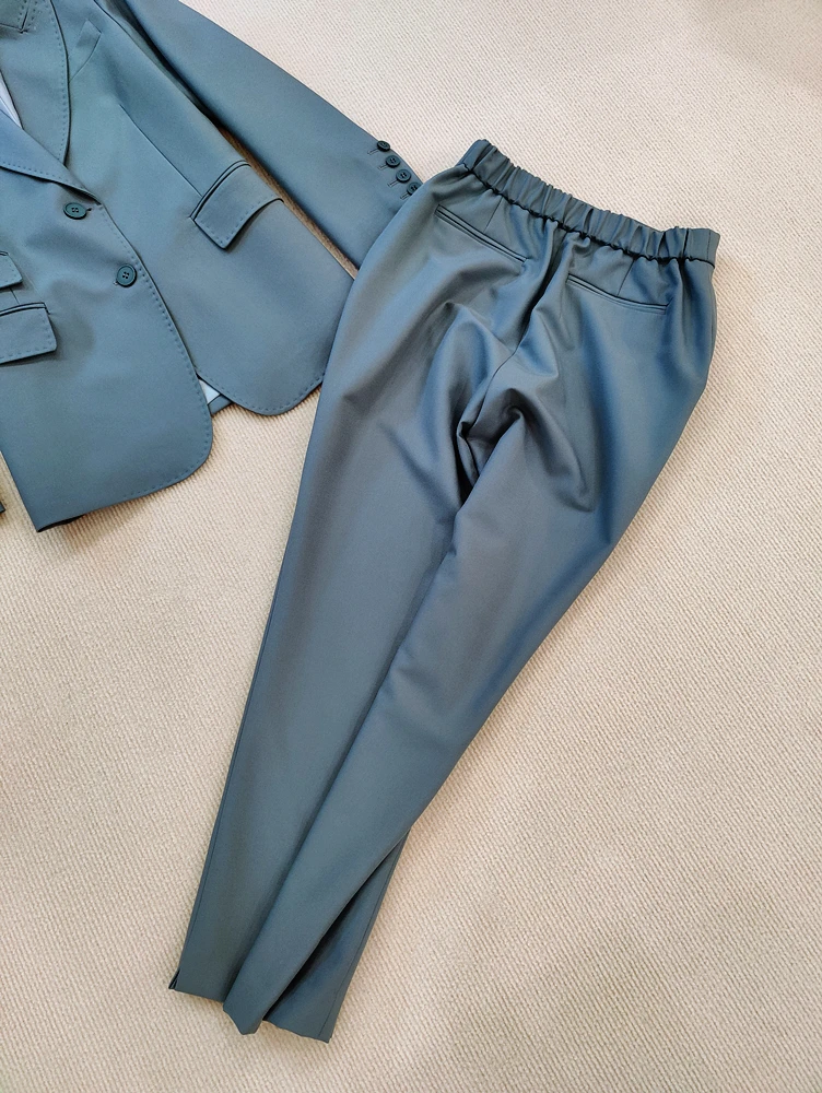 Lingzhiwu Wool Silk Pants Set Top Quality Blazer Pants Suit Autumn Winter Fashion Blue Green New Arrival