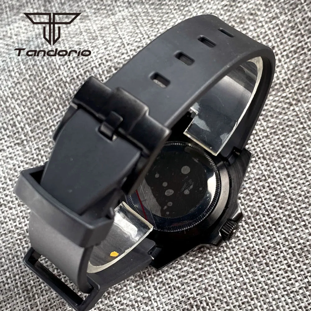 Tandorio 40mm Black Pvd Automatic NH36 Watch for Men Week Date Display Rotating Bezel Sapphire Glass Flash Second Pointer Rubber