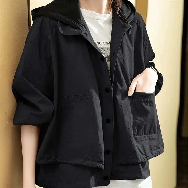 High-End Hooded Jacket Versatile Loose Jacket Women\'s Solid Button Pocket Casual Patchwork Contrasting SweaterShirt  Brown Coats