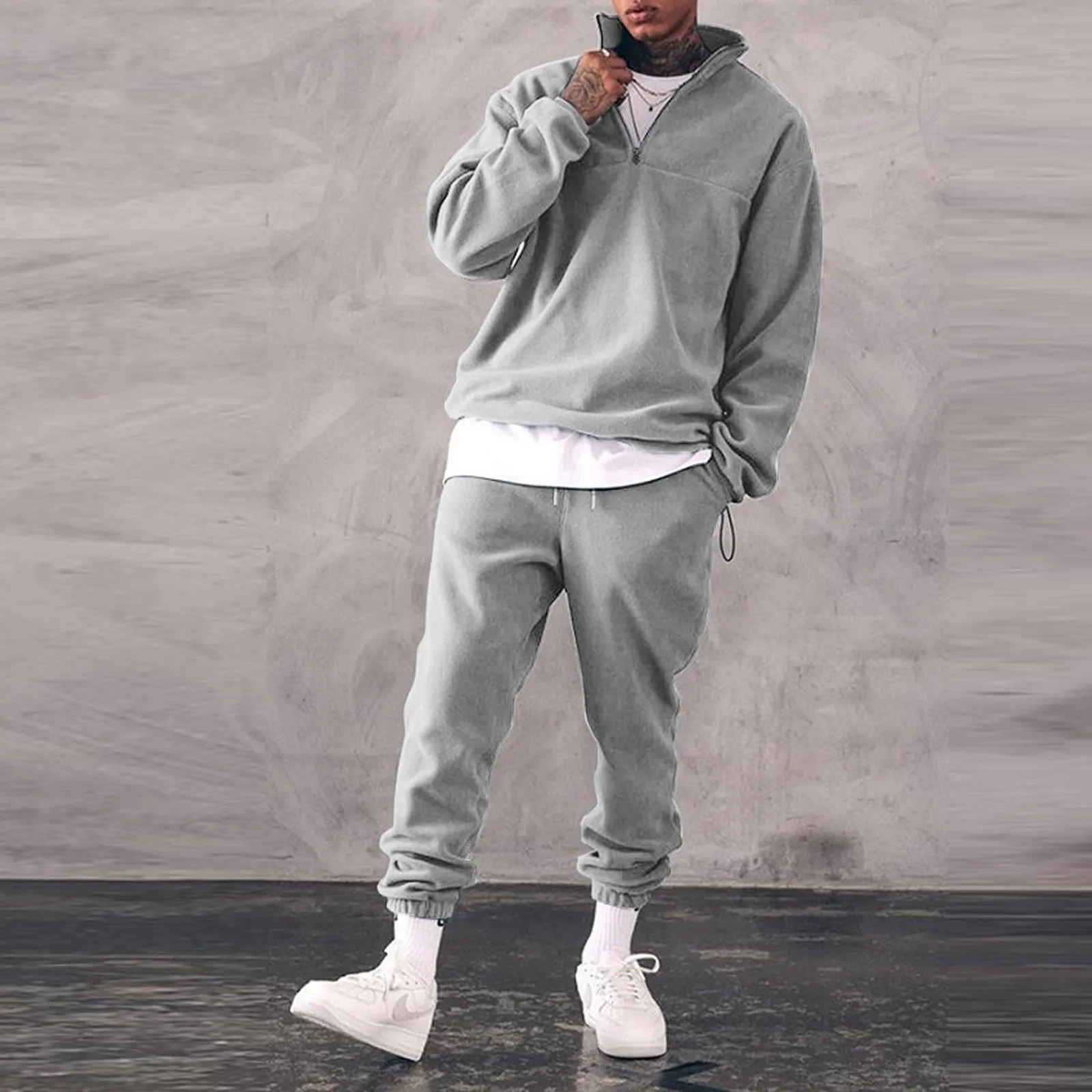 بدلة رجالية عصرية بلون سادة وياقة واقفة مع قلنسوة طقم ملابس رياضية غير رسمية ملابس رجالية شعبية ملابس خروج عصرية #3