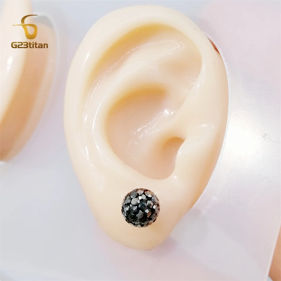 Grey Crystal Clay Ball Bead Earrings for Men Teen Hypoallergenic Titanium Piercing Jewelry Classic Women Man Accessories Present