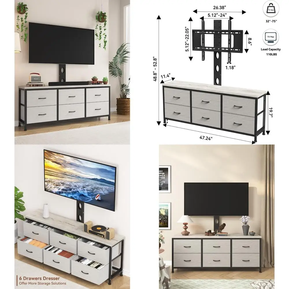 Modern TV Stand and Fabric Dresser with 6 Drawers for Various TV Sizes, Suitable for 32 to 75 Inch TVs, Contemporary Media Cente