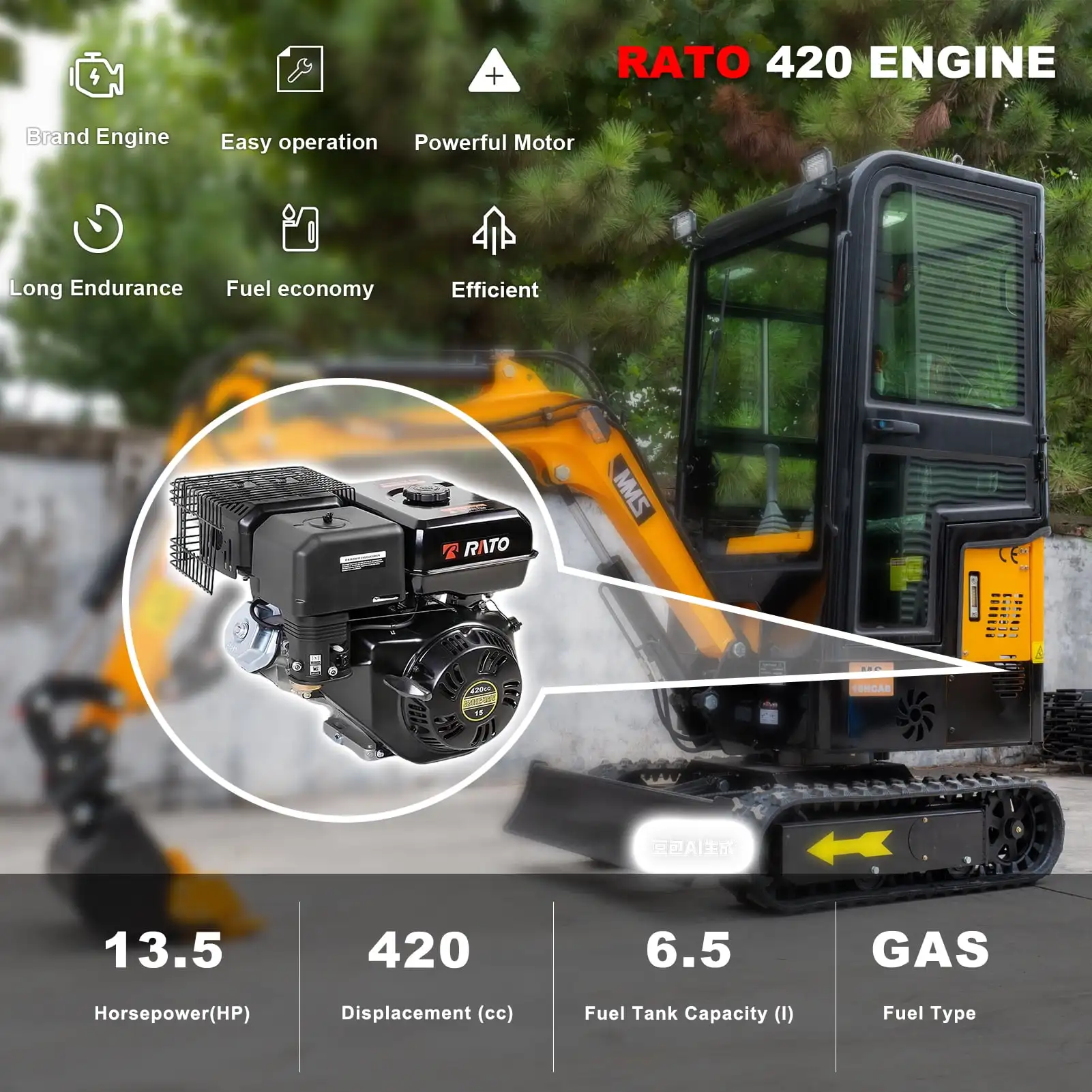 MMS Mini Excavator 13.5HP With EPA GAS Engine Crawler Hydraulic 1 Ton Small Digger Enclosed Cab Excavator for Construction Work Gardens and Farm