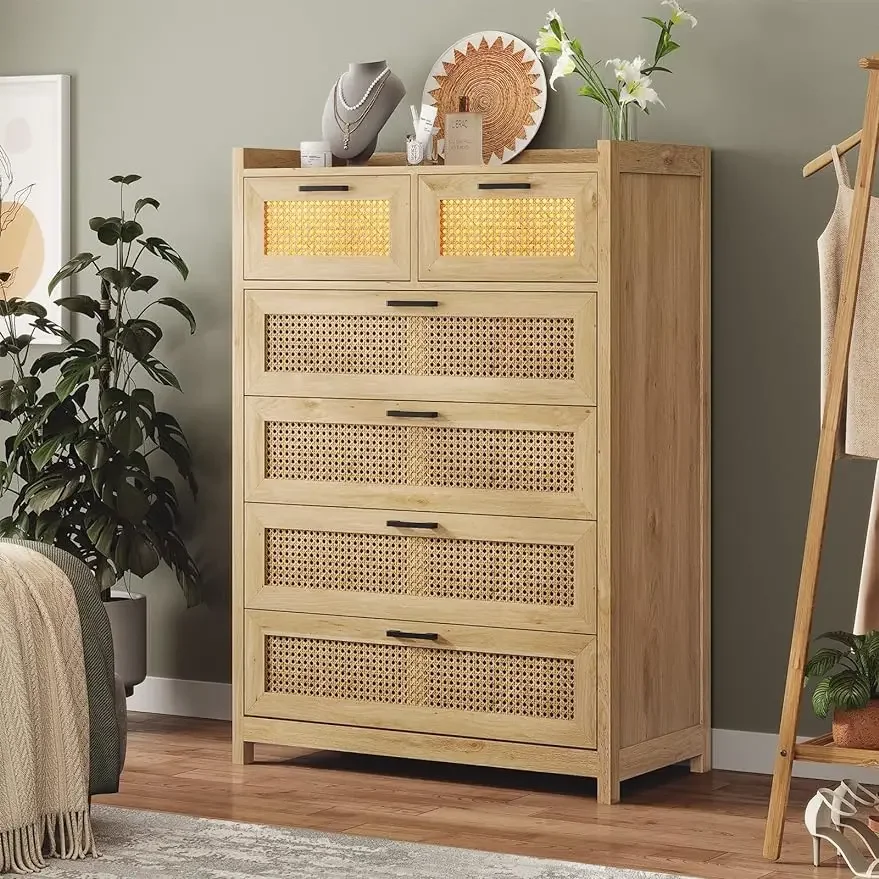 6/7 Drawer Dresser for Bedroom, Natural Rattan Wood Dressers with Led Light, Tall Dressers & Chests of Drawers, Closet Dresser