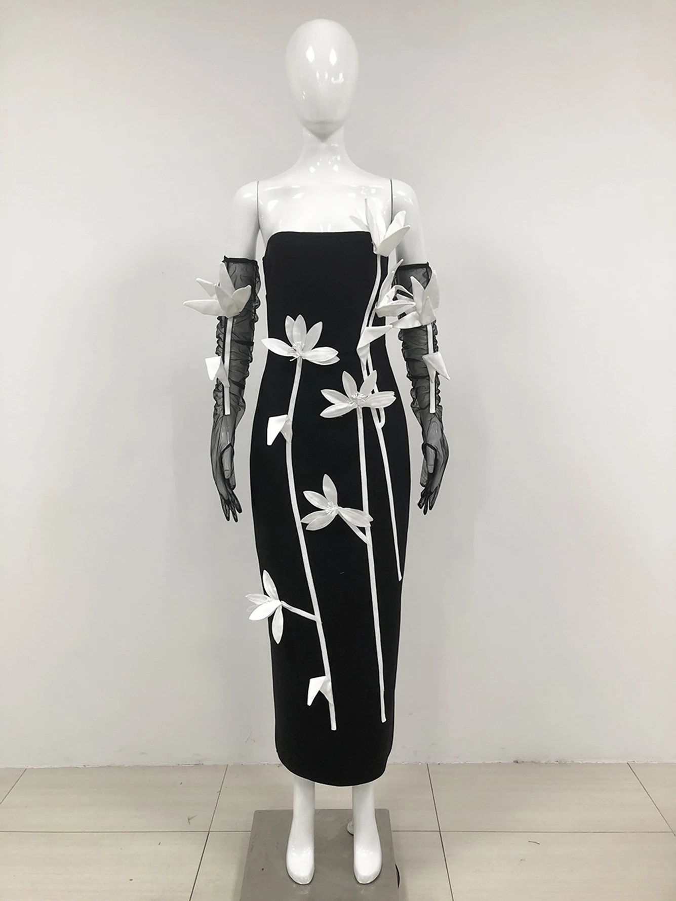 High Quality Women'S Black Sexy Strapless Backless 3D Flower Bandage Maxi Dress Elegant Birthday Party Dress With Gloves