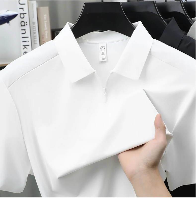 Luxuriöses Herren-Poloshirt mit halbem Reißverschluss kurzärmelig einfarbig hochwertige Eisseide atmungsaktiv Sommer neu lässig modisch T-Shirt – Detail 14