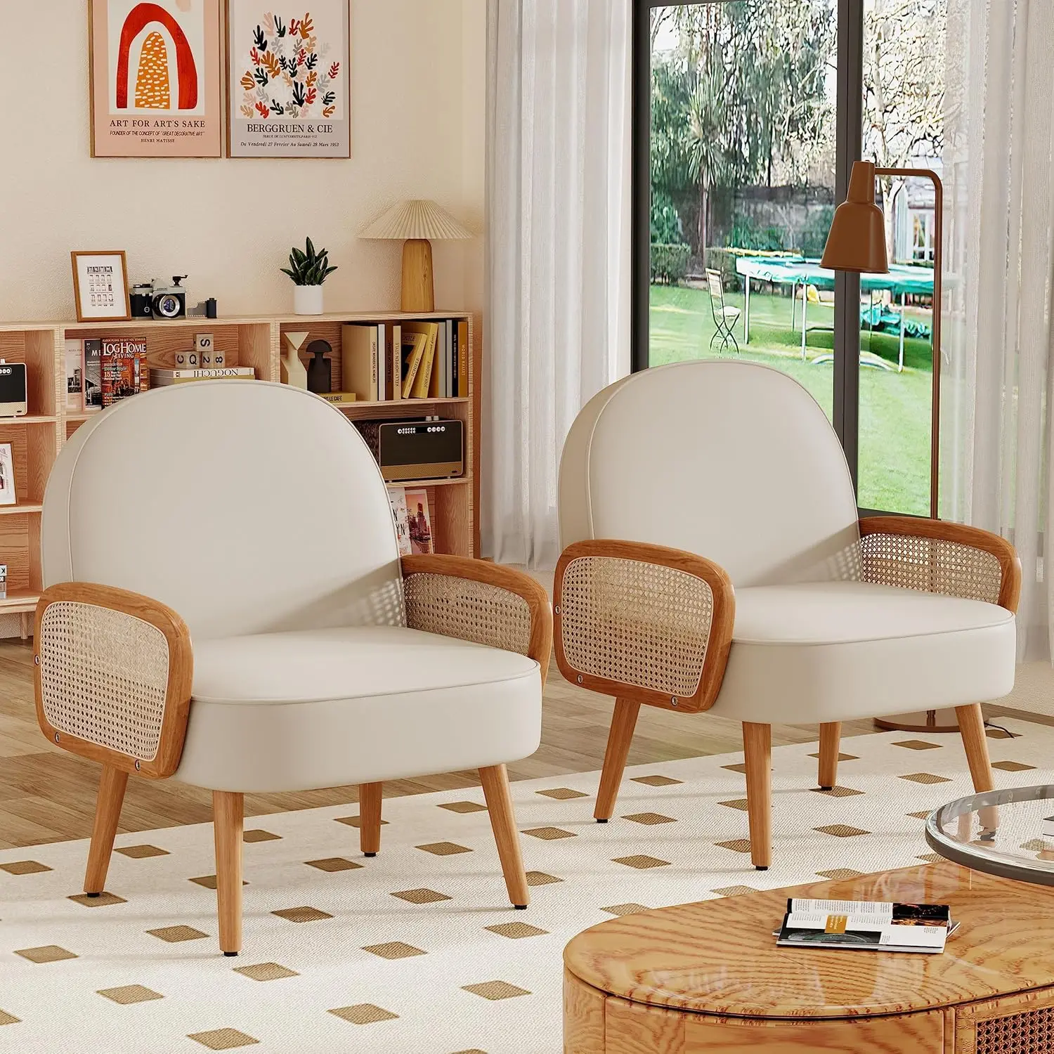 Mid Century Modern Accent Chairs Set of 2 Upholstered Rattan Arm Chairs Faux Leather Reading Chairs for Living Room Bedroom