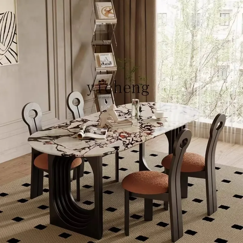 CZ-1 Retro Cream Style Natural Marble Dining-Table Household Small Apartment Light Luxury Oval Luxury Stone Table