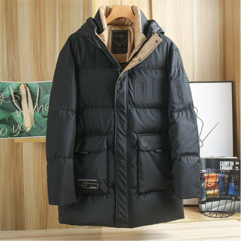 Mid-length Duck Winter Down Jacket Men's Thickened Warm Hooded Coat Outdoor Walking Tooling Cargo Parka Students Storm Suit