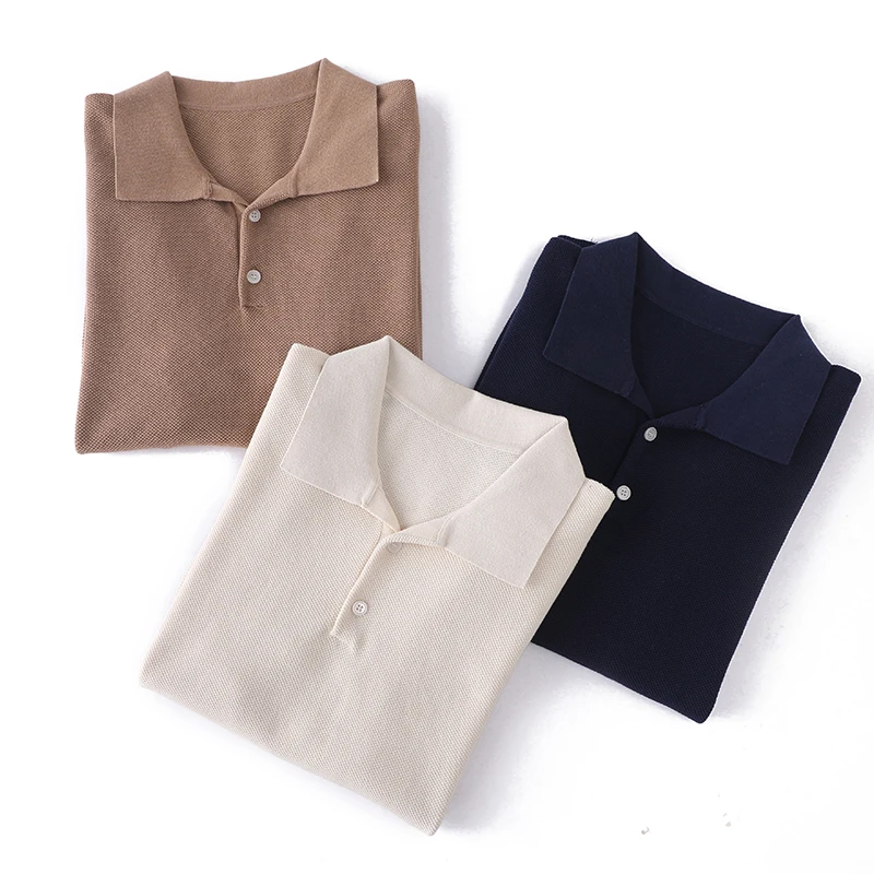 

Весна/Лето 2022, новая мужская футболка из 100% хлопка с короткими рукавами, свитер с воротником-поло, свободный вязаный пуловер, деловые повседневные топы