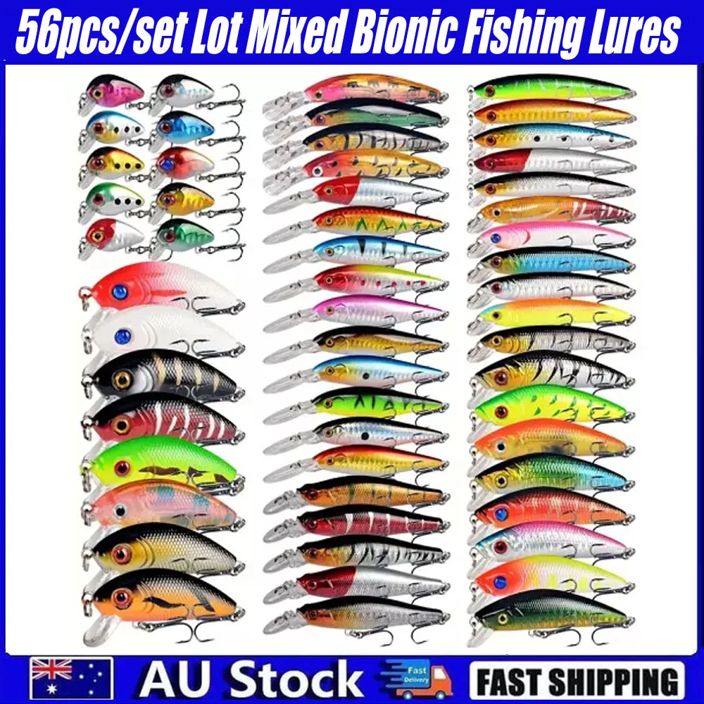 56pcs/Set Lot Mixed Bionic Fishing Lures Minnow Hard Artificial Bait Crankbait Recreational Fishing Catch-And-Release