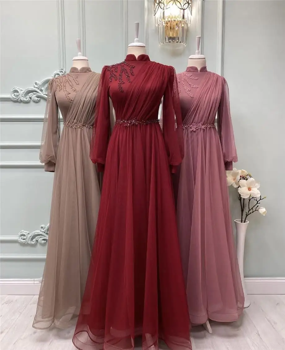 Popular High Neck Full Sleeves Lace Applique Chiffon A Line Evening Dresses Custom Made 2024 Girl Prom Wear