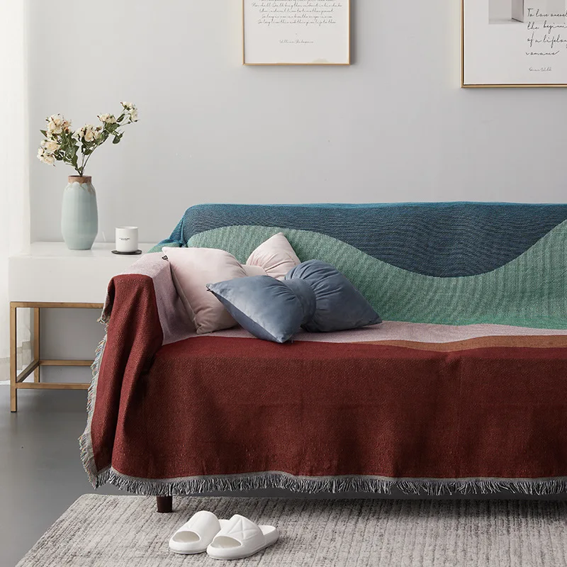 Manta Tejida Boho con Diseño Abstracto de Olas, Cubrecama con Bloques de Color y Flecos, Tapiz de Pared, Alfombra Multiusos para Decoración de Sala de Estar