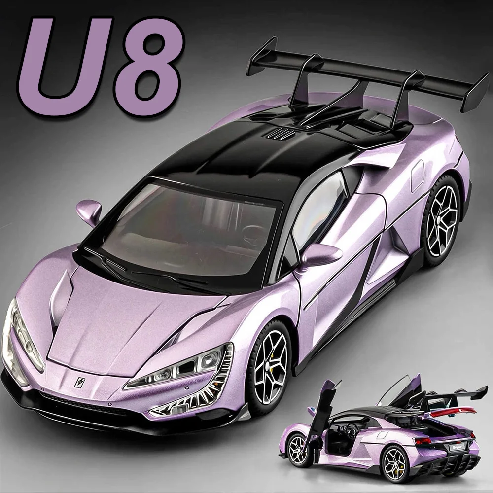 1:24 BYD Yangwang U9 Xtreme P1 Miniature Car Alloy Diecast Toys Model Sound Light Pull Back Doors Opened Vehice Popular Ornament
