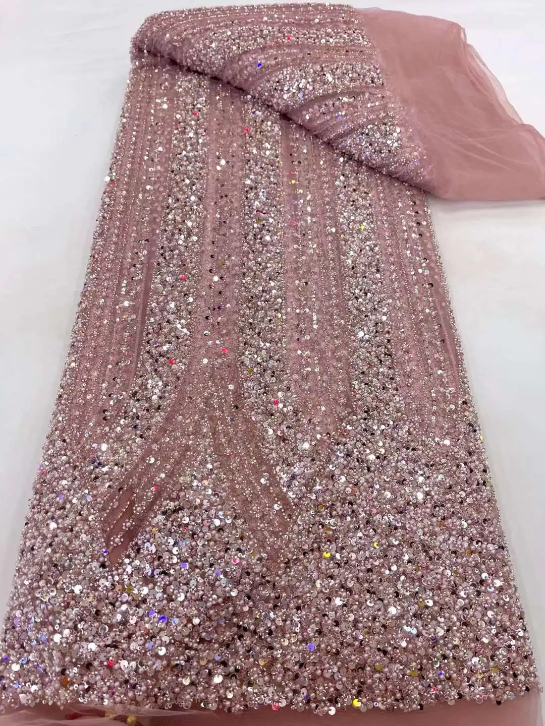 Luxury African Heavy Beaded 2024 High Quality Nigerian Sequins With Pearl Lace French Tulle Fabric For Party Dress Sew