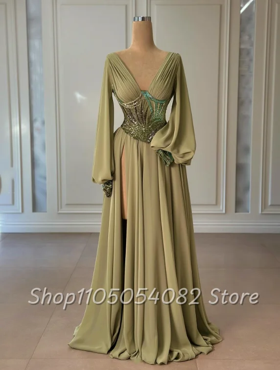 Customized Olive Green Fairy Vintage Wedding Dress V Neck Studded Diamonds Lantern Sleeve Pleated Floor Slit European Bridal Gow