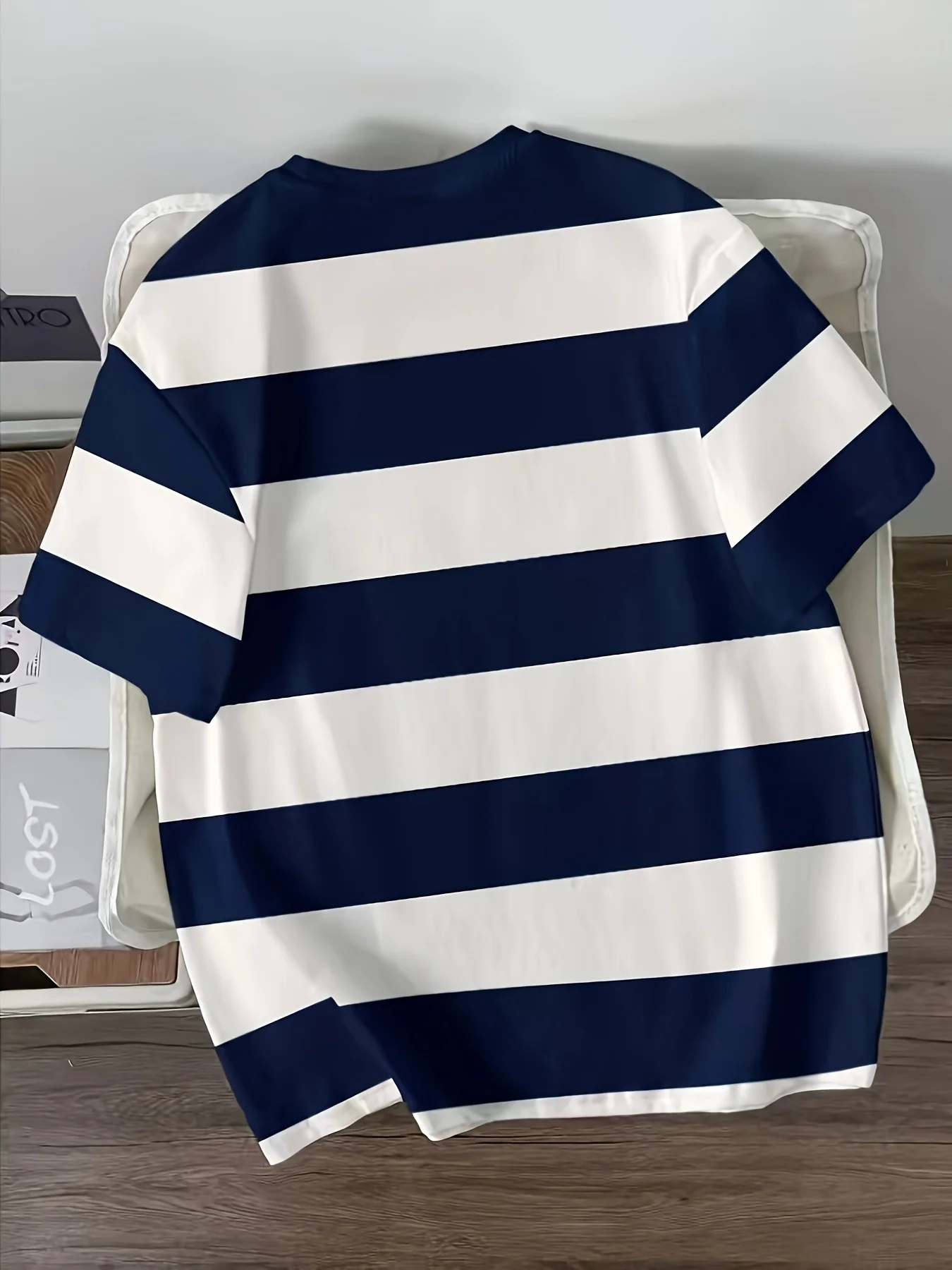Men Mesh Sports T‑Shirt Navy White Wide Stripe New York Letter Print O‑Neck Short Sleeve Summer Oversized Casual Top
