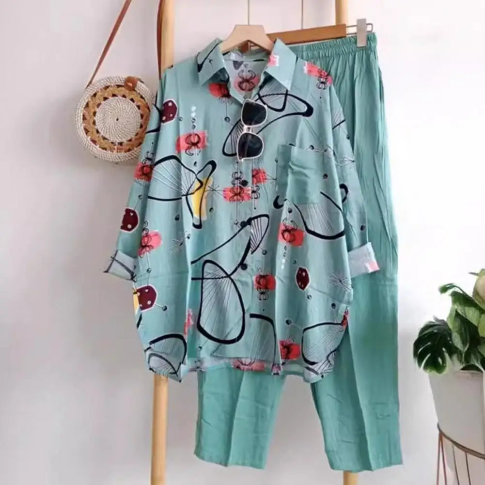 Women Shirt Pants Set Colorful Print Women\'s Shirt Pants Set with Wide Leg Trousers Long Sleeve Blouse Elastic Waist for Ladies