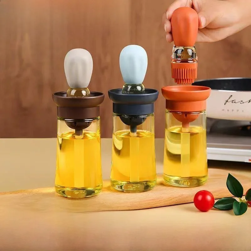 Modern Simple Kitchen Silicone Oil Bottle Quantitative Baking Brush Oil Brush Integrated Oil Absorption round Shape Glass Bottle