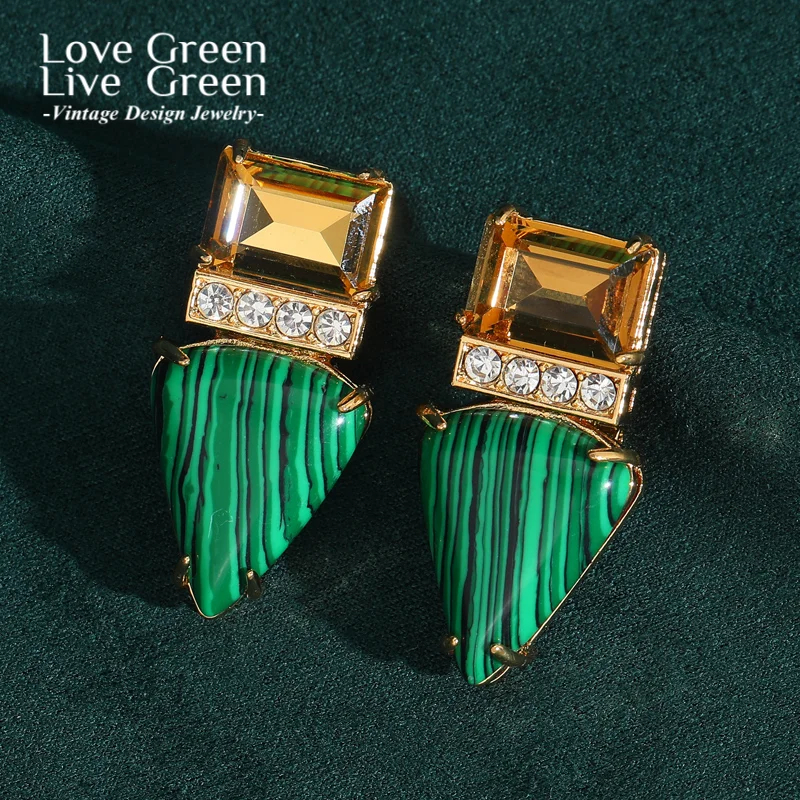 

Vintage Green Earrings Stud Malachite Natural Stone Triangle Gold Color Designer Fashion Jewelry Women Wedding Party 2025 New