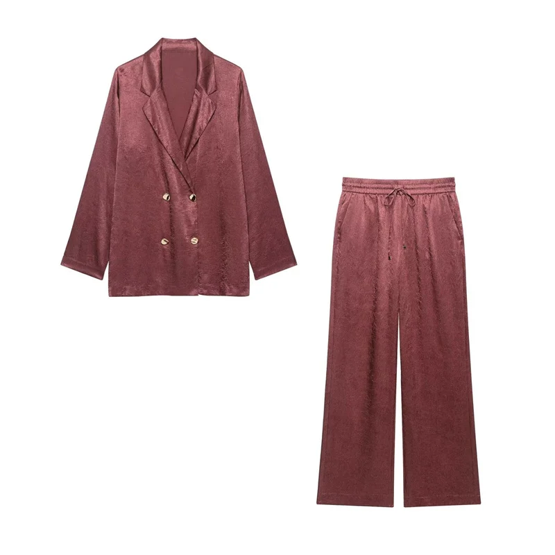 Guobioziy 2026 Autumn New Women's Suit Wine Red Long-Sleeve Wrinkled Draped Simple Blazer and Pants Set Stylish Unique Boss Vibe