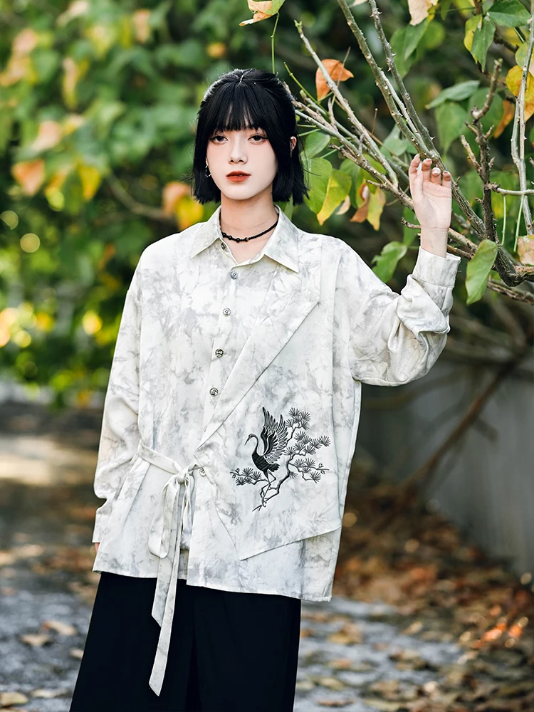 

New Chinese Style National Style Han Elements Crane Irregular Montage Embroidery Shirt Loose And Comfortable Tie Retro Tops