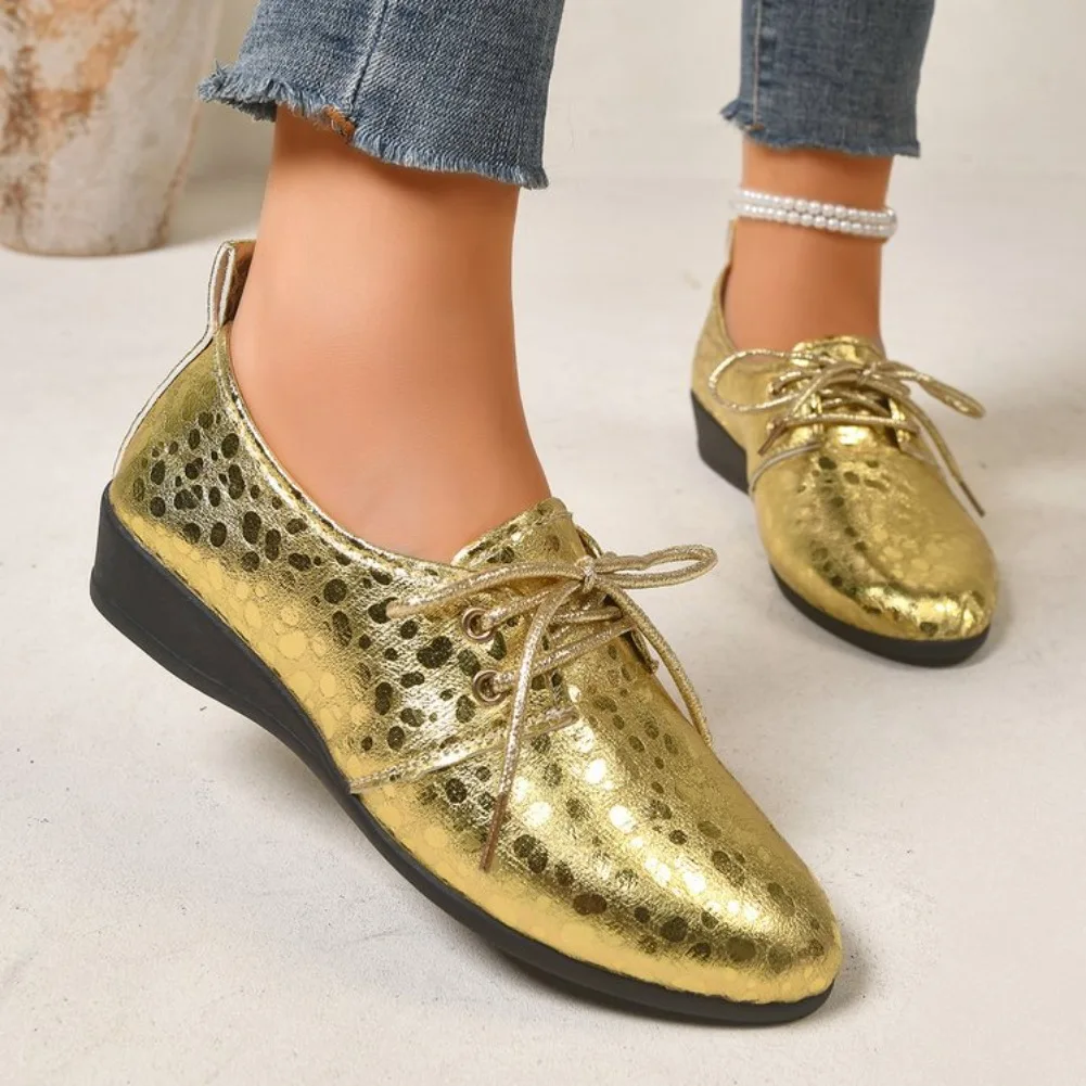 Women Pointed Toe Lace Up Wedge Shoes Metallic Cracked Surface Low Wedge Heel Ladies Evening Party Oxford Flat Heel Shoes