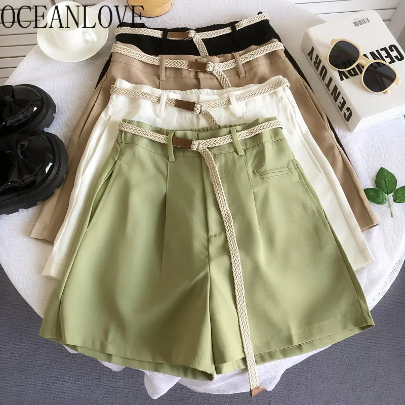 OCEANLOVE Women Pants Solid Spring Summer Basics High Waist Korean Fashion Shorts Belt Wide Leg Casual Loose Pantalones Cortos