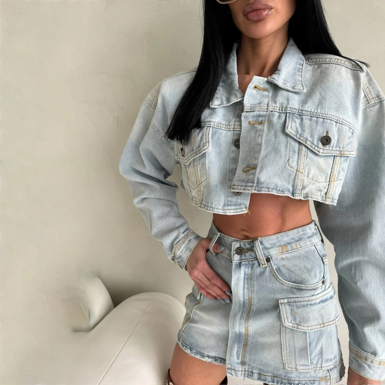 American style spicy girl short crop exposed denim set, women's two-piece set, spring new item, deconstructive design, half