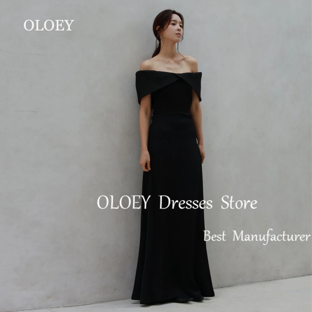 OLOEY Simple Black A Line Evening Dress Korea Photoshoot Off Shoulder Short Sleeves Silk Chiffon Wedding Party Dress Custom Made