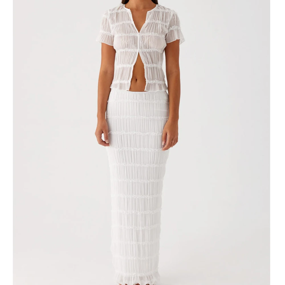 

Women's Summer Sexy Two Piece Outfit Skirts Sets Solid Pleated Front Opening Crew Neck Short Sleeve Sheer Tops with Long Skirts