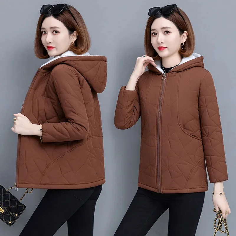 New Hooded Plus Velvet Cotton-Padded Jacket Women Parkas 2024 Warm Cotton Padded Coat Winter Slim Outerwear Fashion Female Tops