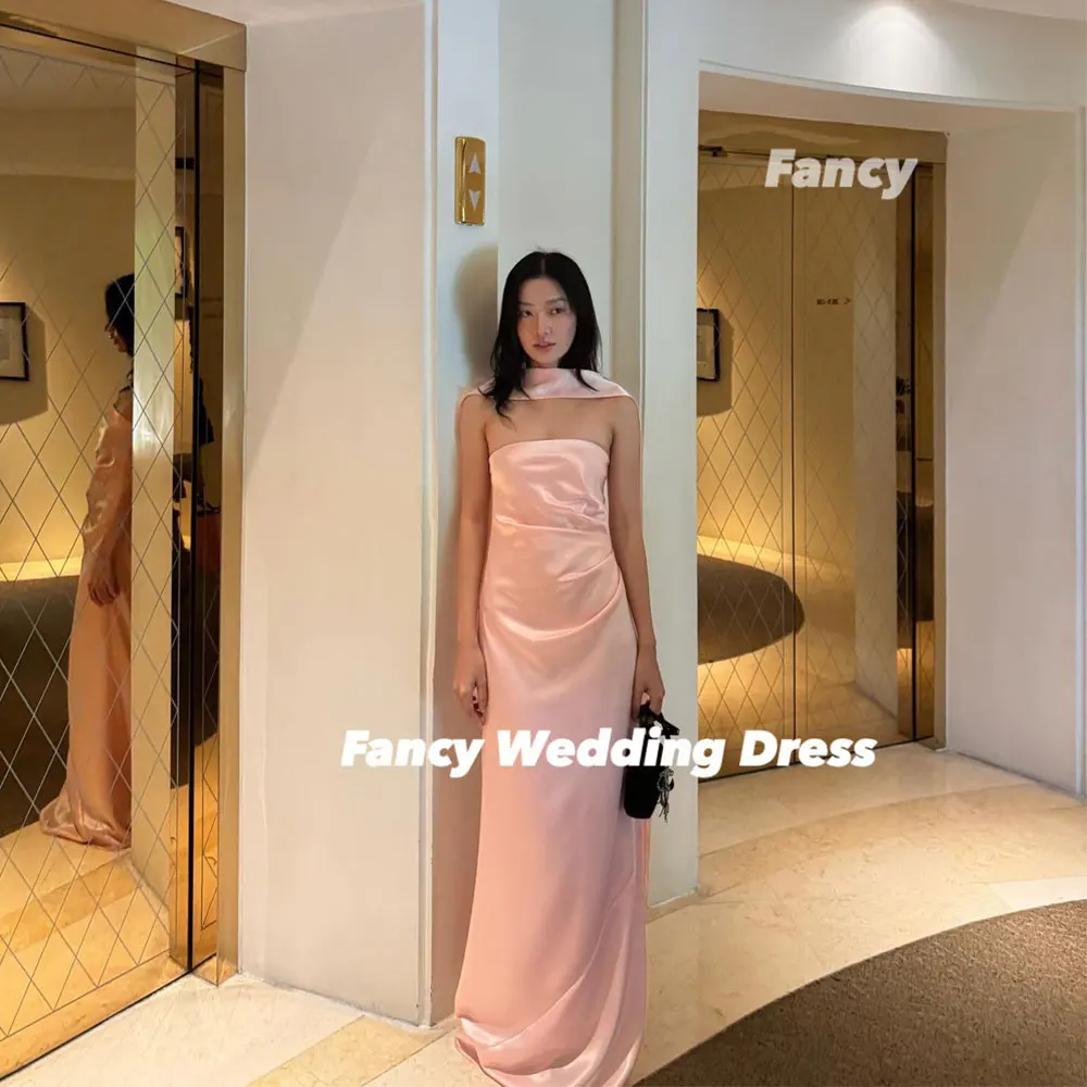 

Fancy Simple Pink Strapless Evening Dress Korea Photos Shoot Mermaid Soft Satin Wedding Party Engagement Dresses Customized