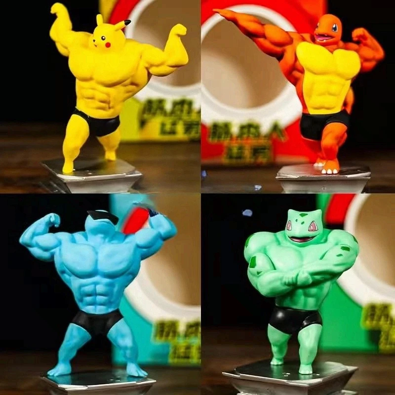 

Machoman Pikachu 4-Pack – Buff Squirtle Bulbasaur Charmander Gym PVC, Muscular Chibi Desktop Gaming Gift