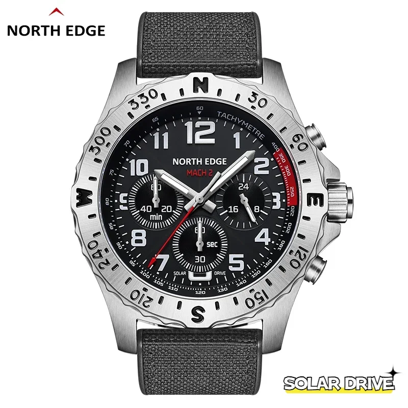 

NORTH EDGE MACH2 Solar Watches for Men 2024 New Solar Drive Chronography Quartz Watches Pilot Waterproof 50M Relogio Masculino