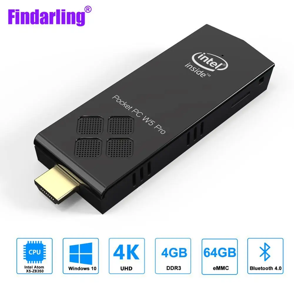 Findarling T5B stik Pc Mini, komputer PC Mini Intel Z8350 Quad Core Windows 10 2.4G & 5.8G Wifi 4Gb Ram 64Gb Rom Win 10