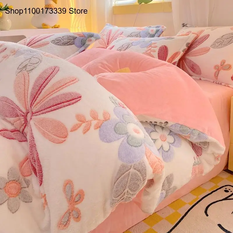 Warm Flower Print Coral Fleece Duvet Cover - 1Pc Thick Winter Blanket, 220X240Cm Comforter Cover (Multilingual Label)