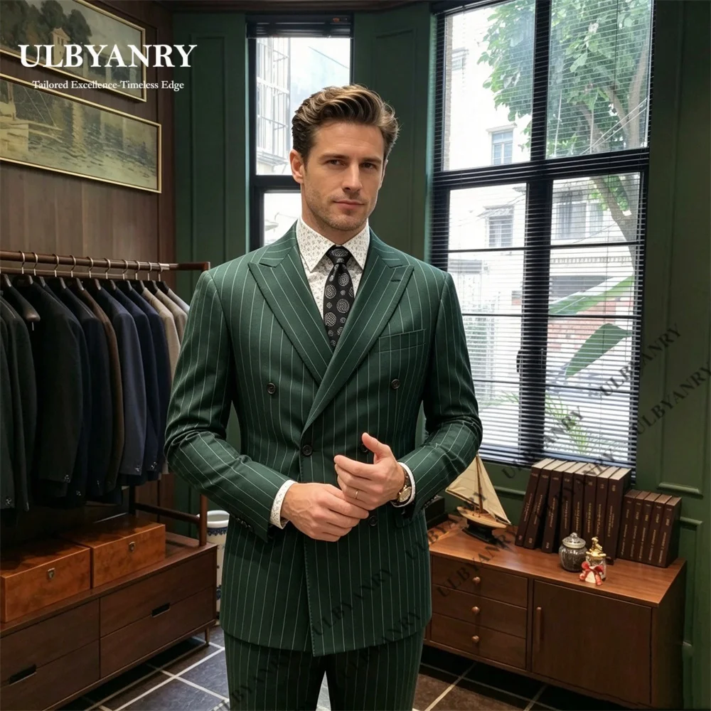 

ULBYANRY Green Striped Suit Set for Men, Business Suit Jacket Pants, Double Row Slim Fitting Blazer & Trousers Formal Tuxedo