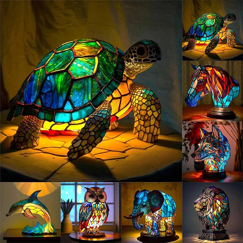 Animal Table Lamp Series,Stained Glass Cat,Dragon,Wolf,Horse,Owl,Dolphin,Turtle,Elephant,Mermaid Table Lamp Night Light