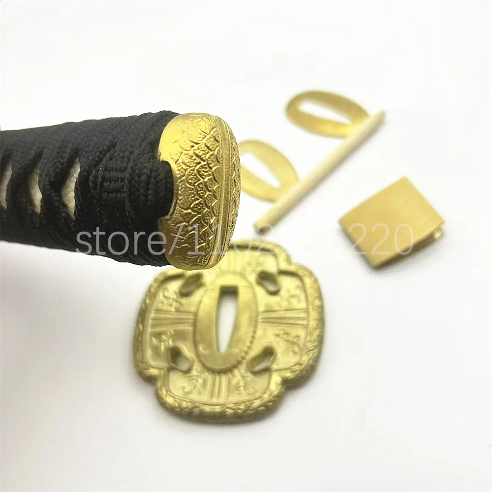 A Set Nice Black Handle Real Rayskin Tsuka Brass Handguard Tsuba Habaki Seppa For Japanese Samurai Katana Tachi Sword Fittings