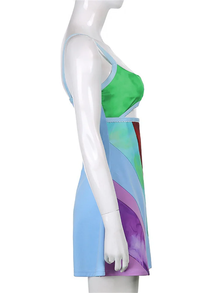 Y2K-Vestido corto de verano sin mangas para mujer, traje con tirantes, corte en A, Color de contraste, cuello en U, Bodycon, Harajuku, 2022