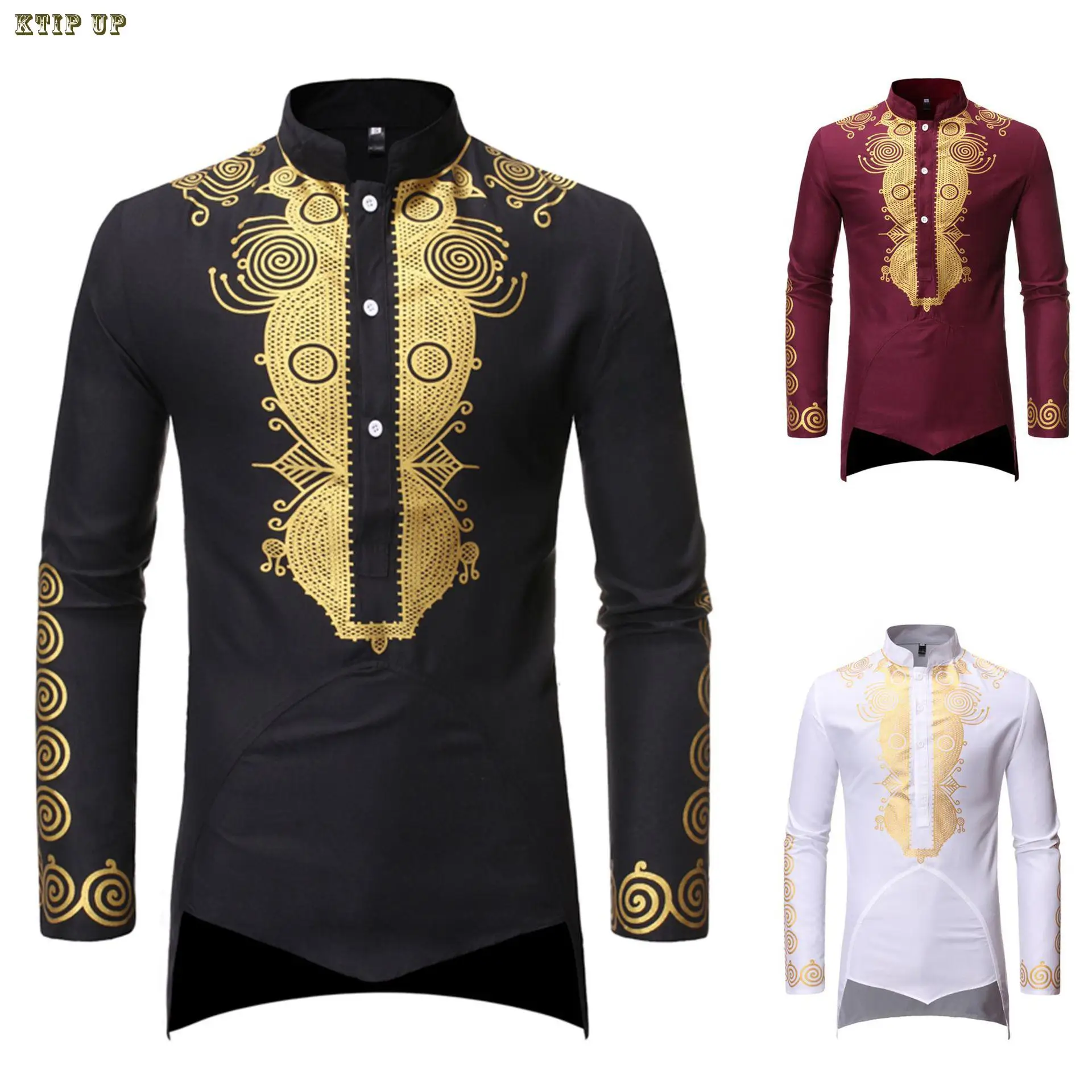 Moda hombres árabe islámico musulmán Kaftan Stand Collar dorado manga larga Vintage batas Medio Oriente Musulman Tops ropa masculina