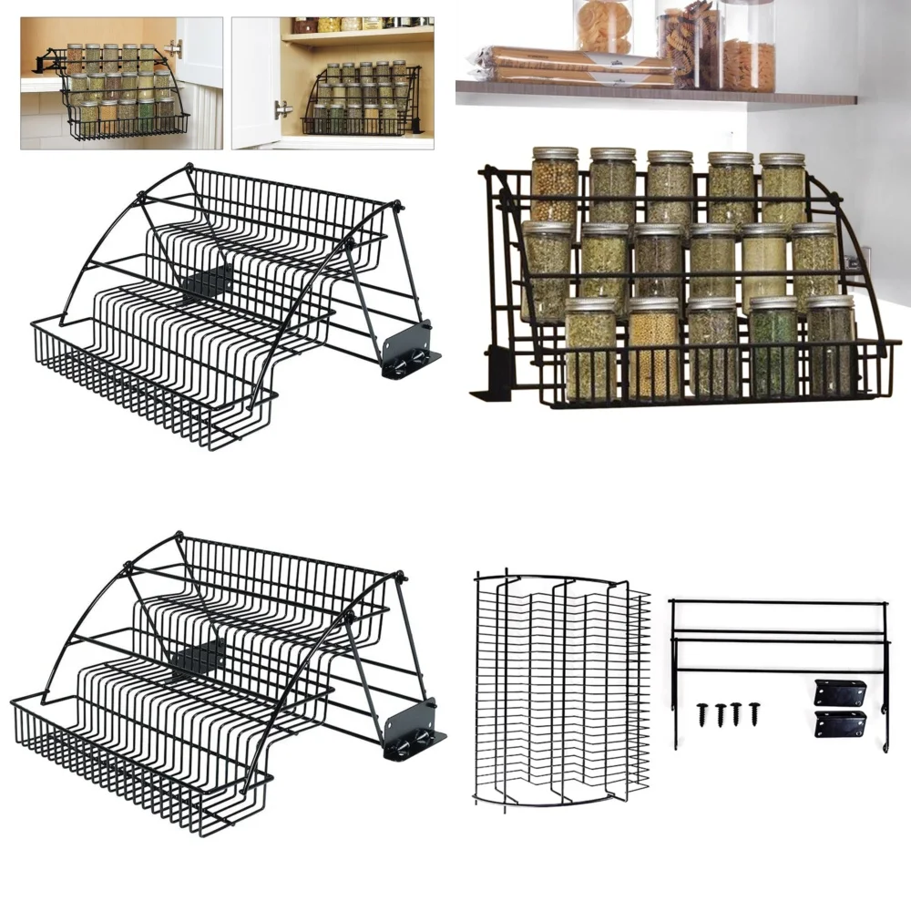 

storage shelf3 Tier Pull Down Cabinet Organizer Metal Kitchen Storage Rack Spice Shelf for Pantry Bathroom Closet Space Saving