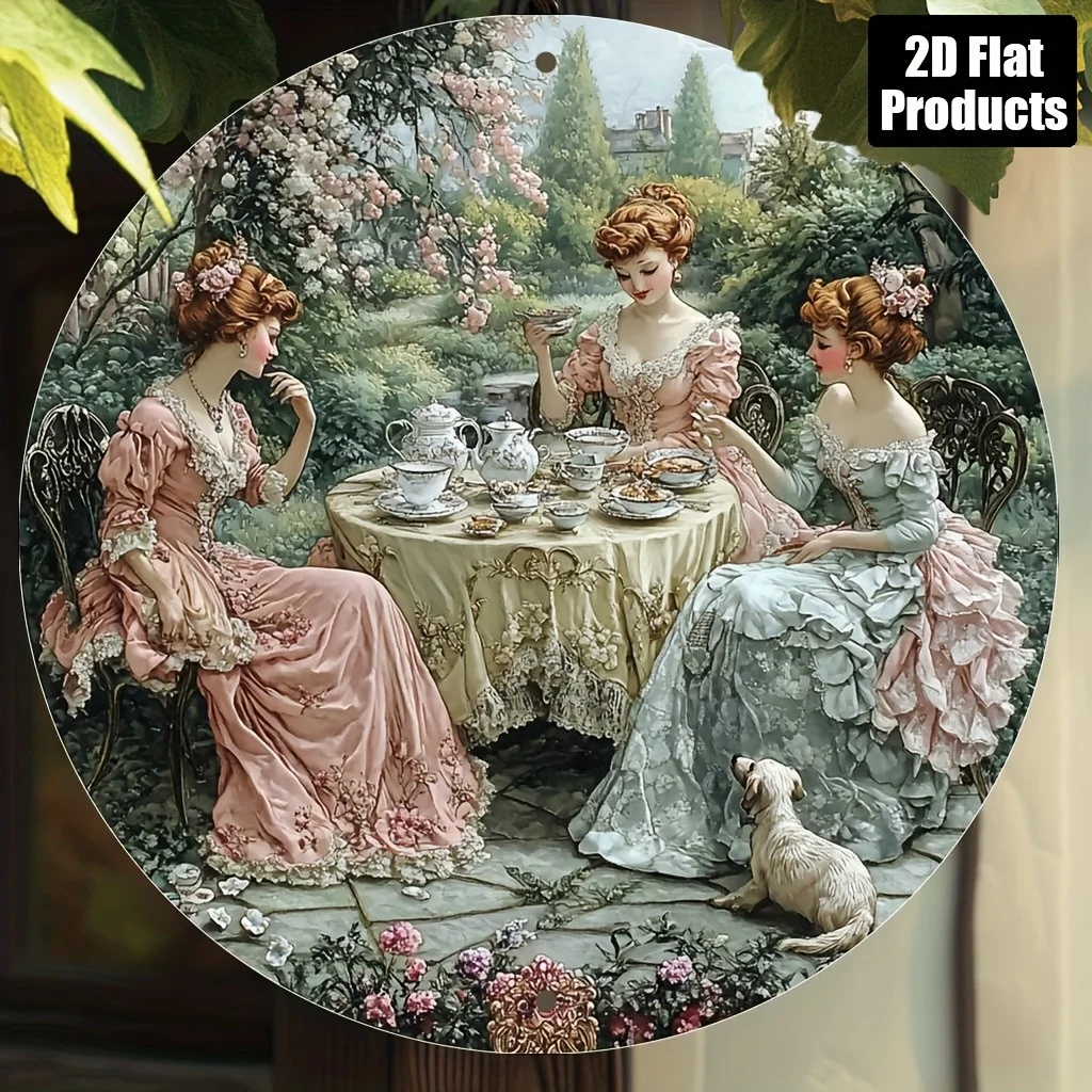 2D flach – 1 Stück Vintage viktorianische Tea Time runde Aluminium-Wandkunst – personalisiertes 2D-Flachmetallschild mit eleganten Damen in der Periode