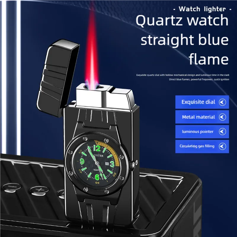 

Watch lighter quartz circular dial illuminated hands, metal body windproof red flame refillable butane gas smoking accessories