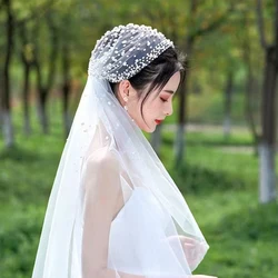 B56 Waltz Length Pearls Juliet Cape Veil Bridal Blusher Vintage Headpieces for Bride Sparking Bridal Veil 1 Tier Wedding Veil
