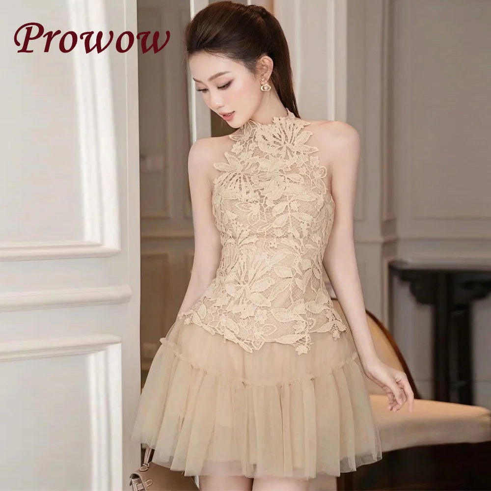 

Prowow Sexy Halter Short Cocktail Prom Dresses Brown Lace Tulle Mini Summer Beach Gowns Customized Illusion Party Gown