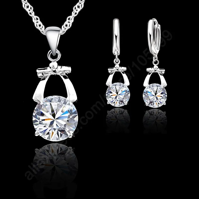 

Grace Bowknot With Shiny AAA Cubic Zirconia Crystal 925 Sterling Silver Color Woman Jewelry Sets Earring+Necklace For Party